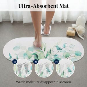 Ultra-absorbent Eucalyptus Mist bath mat runner showing moisture absorption at 1, 3, and 5 seconds