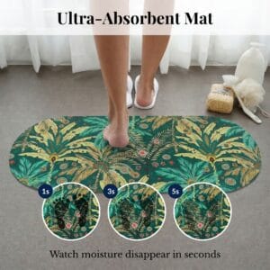 Ultra-absorbent Jungle Bloom bath mat runner showing moisture absorption at 1, 3, and 5 seconds