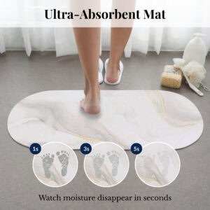 Ultra-absorbent Marble Vein bath mat runner showing moisture absorption at 1, 3, and 5 seconds