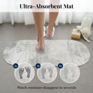 Ultra-absorbent Palm Breeze bath mat runner showing moisture absorption at 1, 3, and 5 seconds