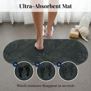 Ultra-absorbent Tropical Night bath mat runner showing moisture absorption at 1, 3, and 5 seconds