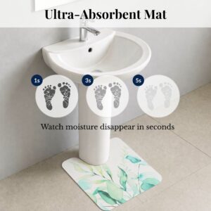 Ultra-absorbent Eucalyptus Mist contour mat under pedestal sink showing moisture absorption at 1, 3, and 5 seconds