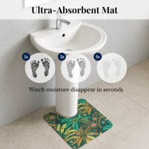 Ultra-absorbent Jungle Bloom contour mat under pedestal sink showing moisture absorption at 1, 3, and 5 seconds