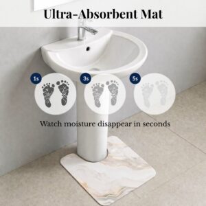 Ultra-absorbent Marble Vein contour mat under pedestal sink showing moisture absorption at 1, 3, and 5 seconds