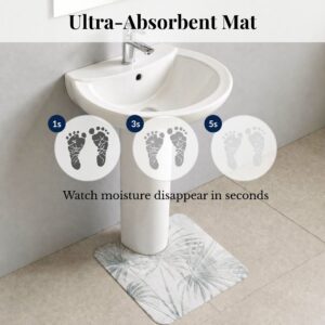 Ultra-absorbent Palm Breeze contour mat under pedestal sink showing moisture absorption at 1, 3, and 5 seconds