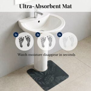 Ultra-absorbent Tropical Night contour mat under pedestal sink showing moisture absorption at 1, 3, and 5 seconds