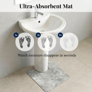 Ultra-absorbent Urban Concrete contour mat under pedestal sink showing moisture absorption at 1, 3, and 5 seconds