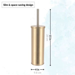 Gold toilet brush with stainless handle shown with dimensions 15in height, 4in width