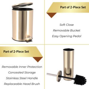 Features of gold trash can and toilet brush including soft close and removable liners