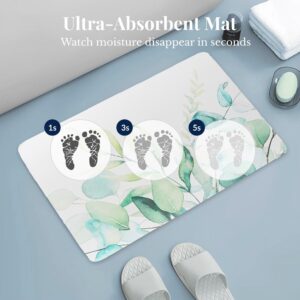 Ultra-absorbent Eucalyptus Mist bath mat showing moisture absorption at 1, 3, and 5 seconds