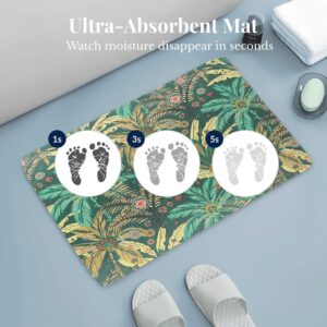 Ultra-absorbent Jungle Bloom bath mat showing moisture absorption at 1, 3, and 5 seconds