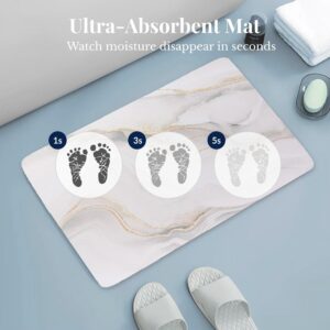 Ultra-absorbent Marble Vein bath mat showing moisture absorption at 1, 3, and 5 seconds