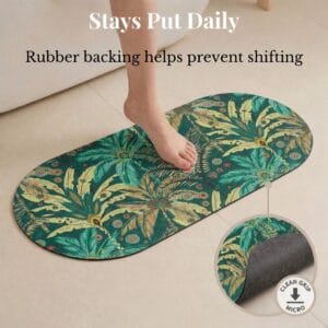 Jungle Bloom bath mat runner with rubber backing detail, "Stays Put Daily, Rubber backing helps prevent shifting"