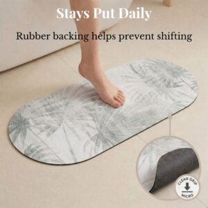 Palm Breeze bath mat runner with rubber backing detail, "Stays Put Daily, Rubber backing helps prevent shifting"