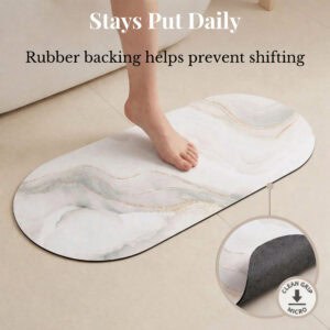 Marble Vein bath mat runner with rubber backing detail, "Stays Put Daily, Rubber backing helps prevent shifting"