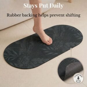 Tropical Night bath mat runner with rubber backing detail, "Stays Put Daily, Rubber backing helps prevent shifting"