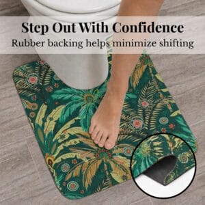 Jungle Bloom contour mat with rubber backing detail, "Step Out With Confidence, Rubber backing helps minimize shifting"