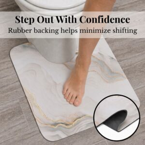 Marble Vein contour mat with rubber backing detail, "Step Out With Confidence, Rubber backing helps minimize shifting"