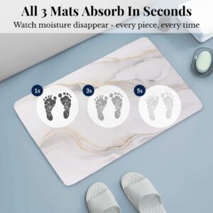 Ultra-absorbent Marble Vein bath mat showing moisture absorption at 1, 3, and 5 seconds, "All 3 Mats Absorb In Seconds"