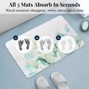 Ultra-absorbent Eucalyptus Mist bath mat showing moisture absorption at 1, 3, and 5 seconds, "All 3 Mats Absorb In Seconds"
