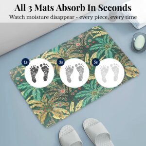 Ultra-absorbent Jungle Bloom bath mat showing moisture absorption at 1, 3, and 5 seconds, "All 3 Mats Absorb In Seconds"