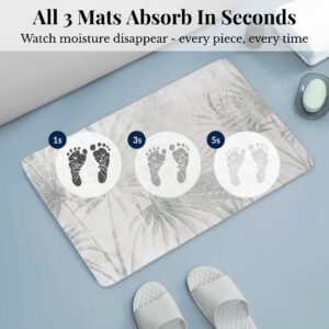 Ultra-absorbent Palm Breeze bath mat showing moisture absorption at 1, 3, and 5 seconds, "All 3 Mats Absorb In Seconds"