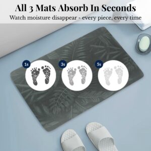 Ultra-absorbent Tropical Night bath mat showing moisture absorption at 1, 3, and 5 seconds, "All 3 Mats Absorb In Seconds"