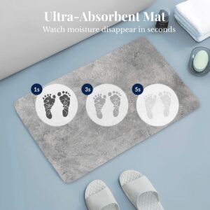 Ultra-absorbent Urban Concrete bath mat showing moisture absorption at 1, 3, and 5 seconds