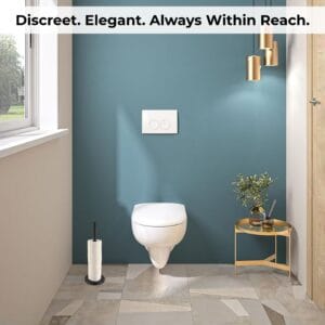Toilet paper holder in an elegant modern bathroom next to wall-mounted toilet
