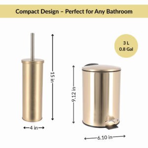 Compact size chart showing dimensions of brushed gold bathroom trash can and brush