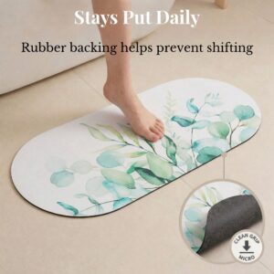 Foot stepping on oval Eucalyptus Mist runner mat with rubber backing detail, "Stays Put Daily, Rubber backing helps prevent shifting"