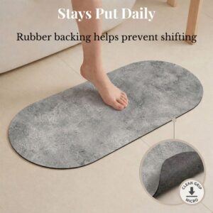 Foot stepping on oval Urban Concrete runner mat with rubber backing detail, "Stays Put Daily, Rubber backing helps prevent shifting"