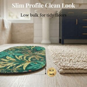 Side profile of Jungle Bloom bath mat runner showing 0.25 inch slim thickness next to woven rug