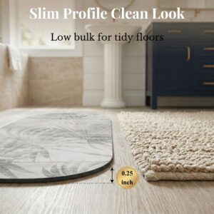 Side profile of Palm Breeze bath mat runner showing 0.25 inch slim thickness next to woven rug