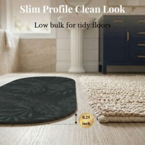 Side profile of Tropical Night bath mat runner showing 0.25 inch slim thickness next to woven rug