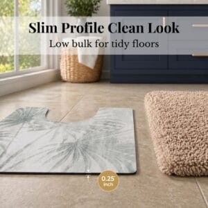 Side profile of Palm Breeze contour mat showing 0.25 inch slim thickness next to shag rug