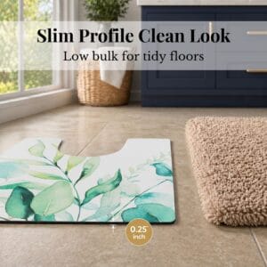Side profile of Eucalyptus Mist contour mat showing 0.25 inch slim thickness next to shag rug