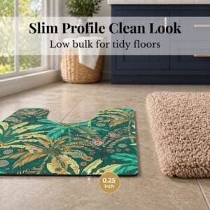 Side profile of Jungle Bloom contour mat showing 0.25 inch slim thickness next to shag rug