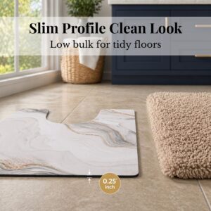 Side profile of Marble Vein contour mat showing 0.25 inch slim thickness next to shag rug