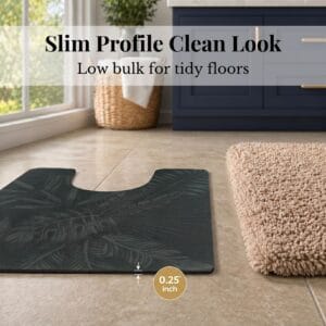 Side profile of Tropical Night contour mat showing 0.25 inch slim thickness next to shag rug