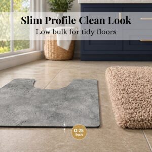 Side profile of Urban Concrete contour mat showing 0.25 inch slim thickness next to shag rug