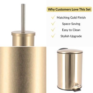Close-up collage of brushed gold set with customer highlights and product benefits