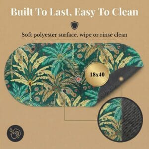Jungle Bloom bath mat runner front and rubber back view, "Built To Last, Easy To Clean," 18x40