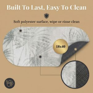 Palm Breeze bath mat runner front and rubber back view, "Built To Last, Easy To Clean," 18x40