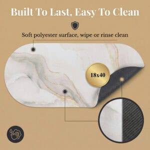 Marble Vein bath mat runner front and rubber back view, "Built To Last, Easy To Clean," 18x40