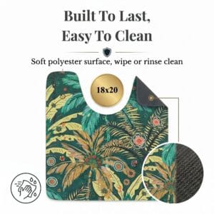 Jungle Bloom contour mat front and rubber back view, "Built To Last, Easy To Clean," 18x20