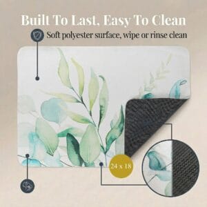 Eucalyptus Mist bath mat front and rubber back view, "Built To Last, Easy To Clean," 24x18