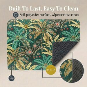 Jungle Bloom bath mat front and rubber back view, "Built To Last, Easy To Clean," 24x18