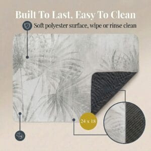 Palm Breeze bath mat front and rubber back view, "Built To Last, Easy To Clean," 24x18