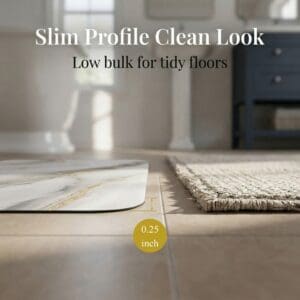Side profile of Marble Vein bath mat showing 0.25 inch slim thickness next to woven rug